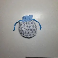 ハンドメイド　まんまる巾着袋　ミニ巾着袋 『134』花柄白色水色青色系ミニポーチ