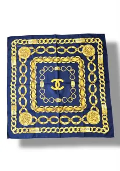 CHANEL シャネル チェーン柄 シルクスカーフ ネイビーのサムネイル