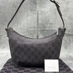 極美品 グッチ アクセサリーポーチ GGキャンバス ハンド レザー 焦げ茶