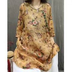 ラウンドネック レトロデザイン ブラウス 中袖 大きいサイズ プリント 花柄