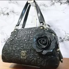 アナスイ 黒 ハンドバッグ オールレザー 蝶々 刺繍 バラチャーム付