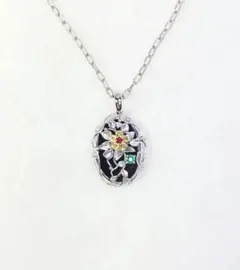 SILVER オニキス•色石•ダイヤ入花ペンダントトップ