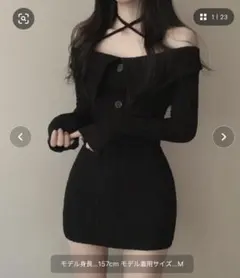 オフショルダーボタン付きミニワンピース Mサイズ ブラック