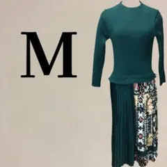 【美品】リブニット × 柄プリーツ 切り替え 長袖ロングワンピース M グリーン