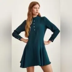 美品ZARAザラ　ダークグリーン ハイネック ミニシフォンワンピースM