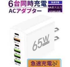 65W 6台同時充電対応 ACアダプター 急速充電器 USB-C/Aポート搭載