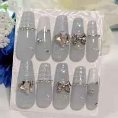 ブルー×千鳥柄ネイル リボンネイル フレンチガーリーネイル スナ系 量産型