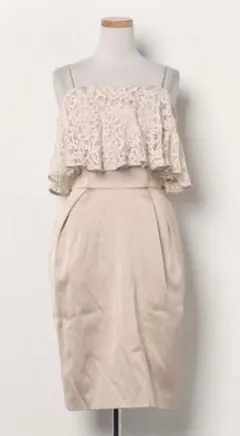 ベージュピンクレースオフショルダーサテンドレスワンピースLAGUNAMOON