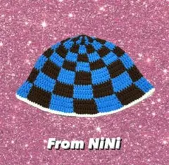 ニットバケットハット 青茶チェック　ハンドメイド　手編み帽子　チェッカー柄