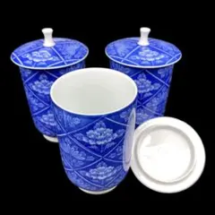 ★香蘭社★湯呑　蓋付き　格子菊牡丹　3客セット　有田焼　茶器　和食器