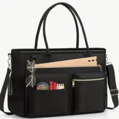 大容量　ストラップ付き　ブラックトートバッグ 多機能　ビジネス　旅行