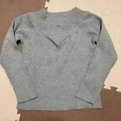 グレー リブ編み 長袖 Vネックセーター