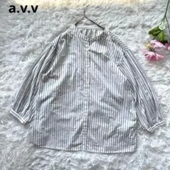 a.v.v アーヴェヴェ　プリーツスリーブバンドカラーブラウス　白　ストライプ