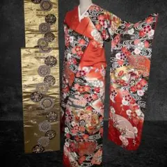 R8aa209 振袖＋帯 2点セット 観世水 花 金彩 金駒刺繍 華文 六通柄