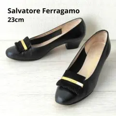 Ferragamo【23cm】パンプス　フリンジ　ゴールド金具　ブラック