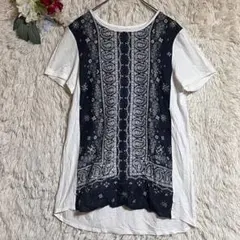 【ピノーレ】38 チュニック ペイズリー柄 異素材切替 紺 白 ゆったりのサムネイル