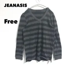 美品 ジーナシス ボーダーカットソー フリー ロンT Vネック カジュアル 長袖