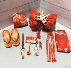 七五三 5歳から7歳 作り帯 帯 ハコセコセット 美品 ゴールド 赤系 桜