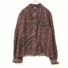 ページボーイ　花柄 長袖シャツ 黒地 ピンク　L　ボタンアップ　ポケット付き