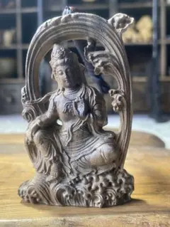 木製仏教古美術 極上彫 柘植・黒檀 観音首像 繊細彫刻 飾り物 置物