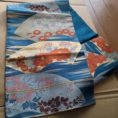 名古屋帯 花柄 青色 金色のサムネイル