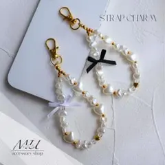 ストラップチャーム　パール×ゴールド　スマホストラップ　バッグチャーム