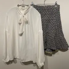 【大人可愛い】ViS ボウタイブラウス×ツイードフリルスカート 上品セット