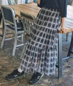 モノマートレディース シアーチェックティアードロングスカート ブラック