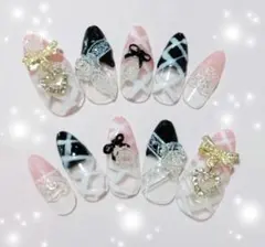 現品♡スナ系地雷量ワンホン産ピンク×ブラック チェック×ハート×リボン レース