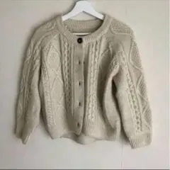 クリーム色ケーブル編み ニットカーディガン　古着風ケーブルニット　バングラデシュ