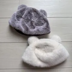 ベビー用耳付き帽子 ブラウン ホワイト 2点セット