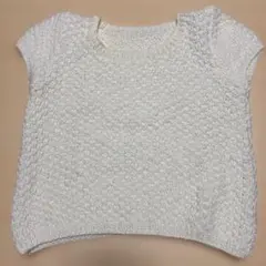 ホワイト 編み込みデザイン 半袖ニット