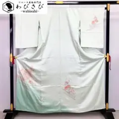 付下げ 汕頭刺繍 蘇州刺繍 御所車 牡丹 桔梗 白緑色 K-2298