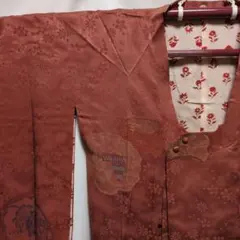 アンティーク着物 素材向け 羽織◇道行コート 赤色花柄 前ボタン リメイク等に
