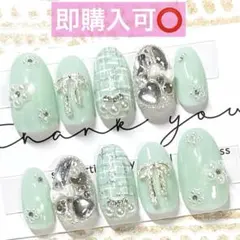 ネイルチップ現品オーダー量産型フレンチガーリー韓国ワンホンマグネットツイード緑
