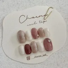 現品　No.27 ネイルチップ　ニュアンス　レッドブラウン　チェック　ホワイト