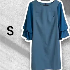 フレアスリーブ ワンピース ブルー 結婚式 二次会 パーティードレス　フォーマル