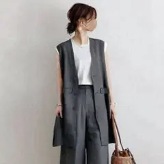 セットアップ　ワイドパンツ　ベスト　パンツスーツ　グレー　上品　着痩せ