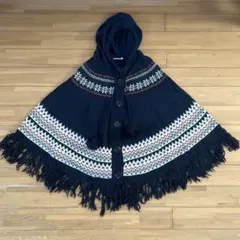 ネイビー 雪の結晶模様 フリンジポンチョ