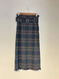 ミラオーウェン　チェック柄 ベルト付きロングタイトスカート リネン