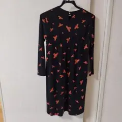 Moi　ネイビーオレンジ鳥プリント長袖ワンピース