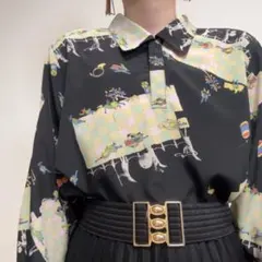 ブラック系 楽器隊 昭和レトロ プリント 古着 プルオーバーシャツ 柄シャツのサムネイル