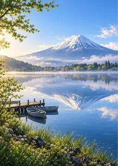 【イラスト】富士山と湖畔の朝 アートポスター