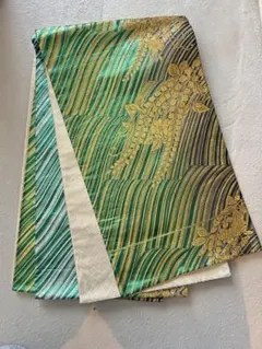 袋帯 緑 金 花柄　金糸　銀糸　豪華絢爛