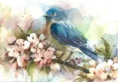 水彩画 原画 青い鳥と花のサムネイル