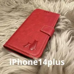 iPhone14plus 手帳型スマホケース　レザー　赤　猫親子　仔猫　シンプル