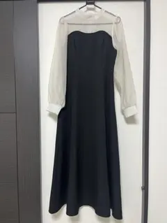 GRLオフホワイトシースルー長袖×ブラックのロングワンピース M