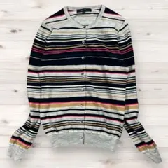 【カシミヤ混】マカフィー マルチボーダー Vネック カーディガン 大人配色 1