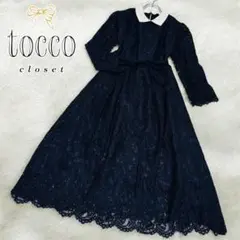 美品 トッコ 総レース 白襟 ワンピース スカラップ フラワー りぼん M