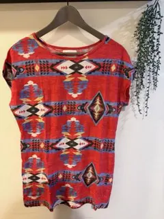 ZARA Basic ネイティブ柄 Tシャツ レッド Mサイズのサムネイル